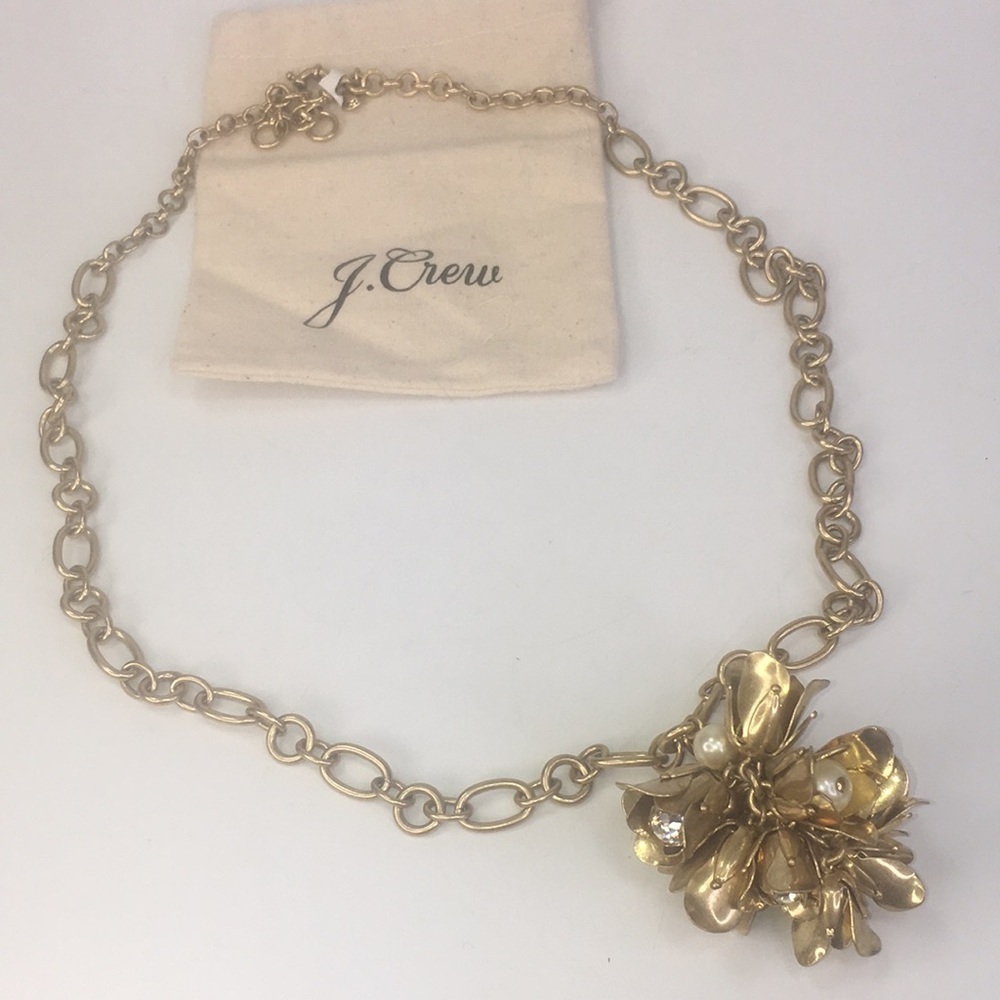 J Crew bell tassel pendant necklace pearl CZ gold tone floral long